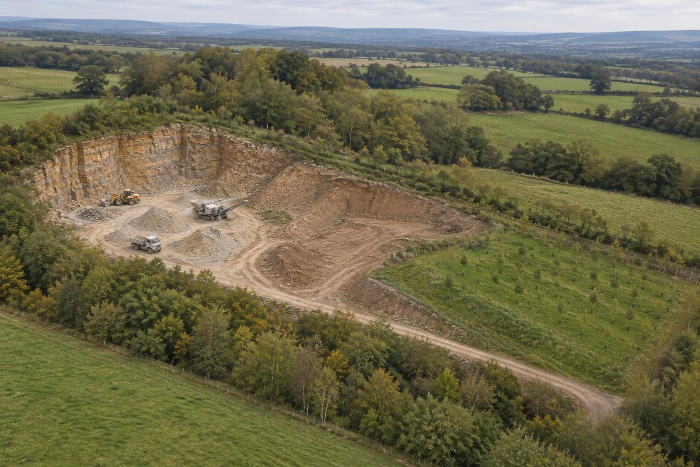 High oblique aerial of a small sandstone quarry in farmland: one compact working area with a buff face and stockpiles, a reshaped area beside it and a green area planted with rows of young trees, woodland and hedged fields all round.