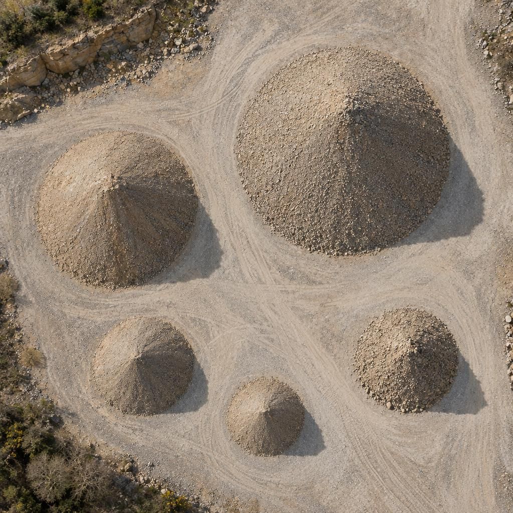 Straight top-down aerial of five neat conical stockpiles of crushed sandstone in different sizes on a quarry floor, graphic circles and shadows.