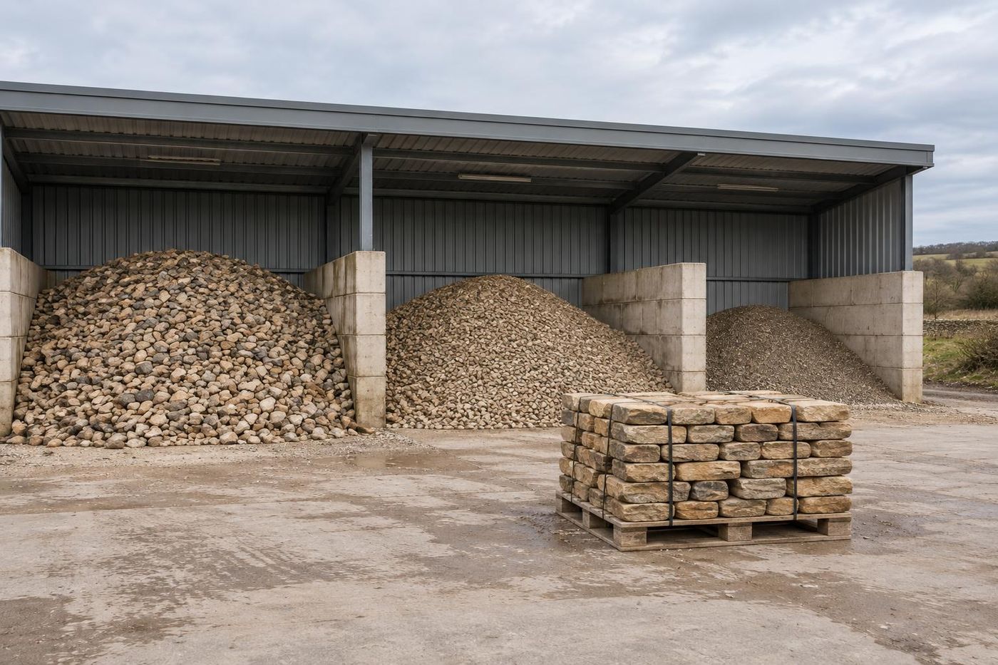 A builders' merchant's bulk bays holding crushed buff sandstone and a pallet of walling stone, concrete bay walls.