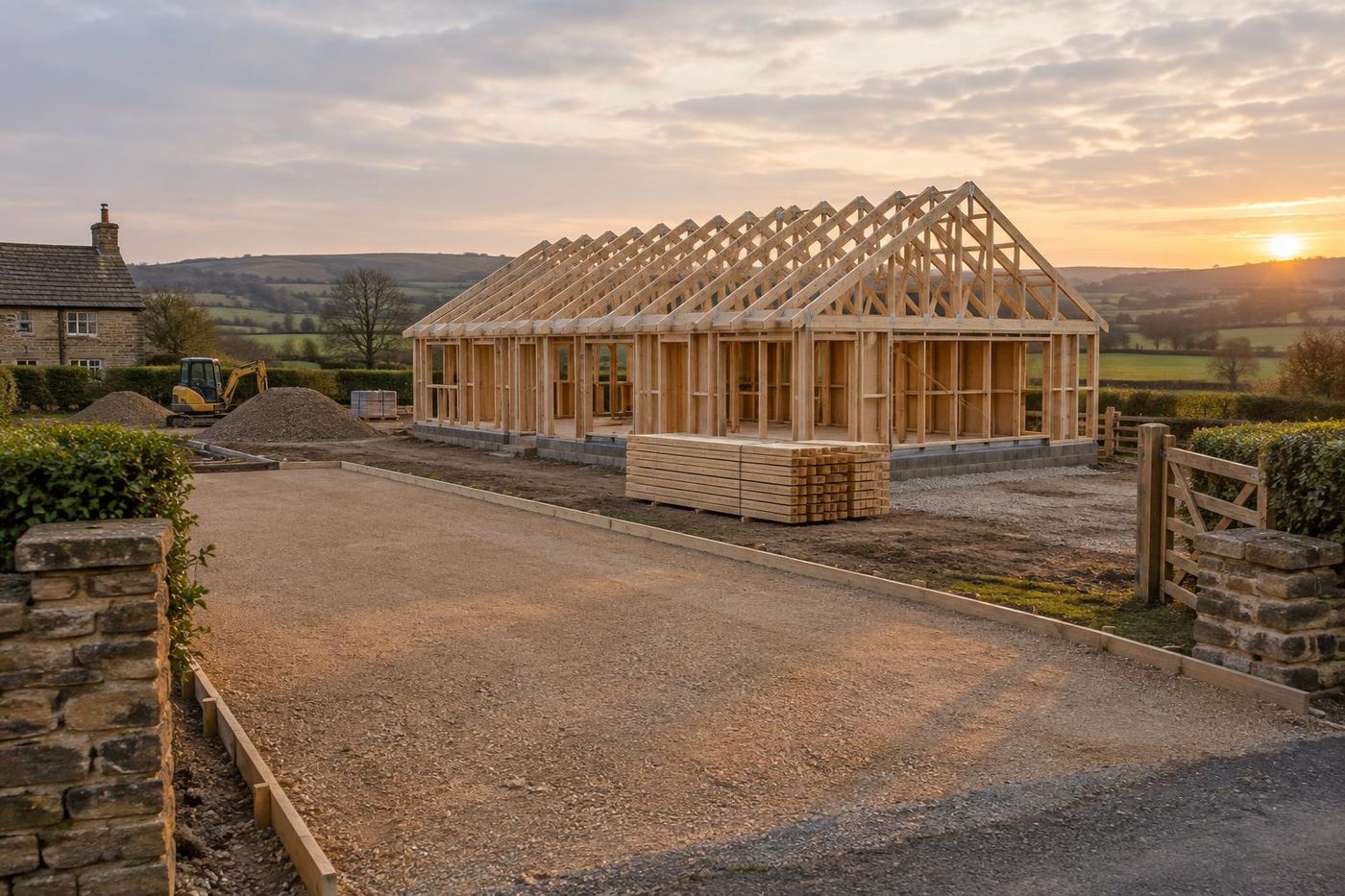 A self-build plot with a timber-framed bungalow going up and a compacted sandstone sub-base drive in front, a skip-free tidy site, evening light.