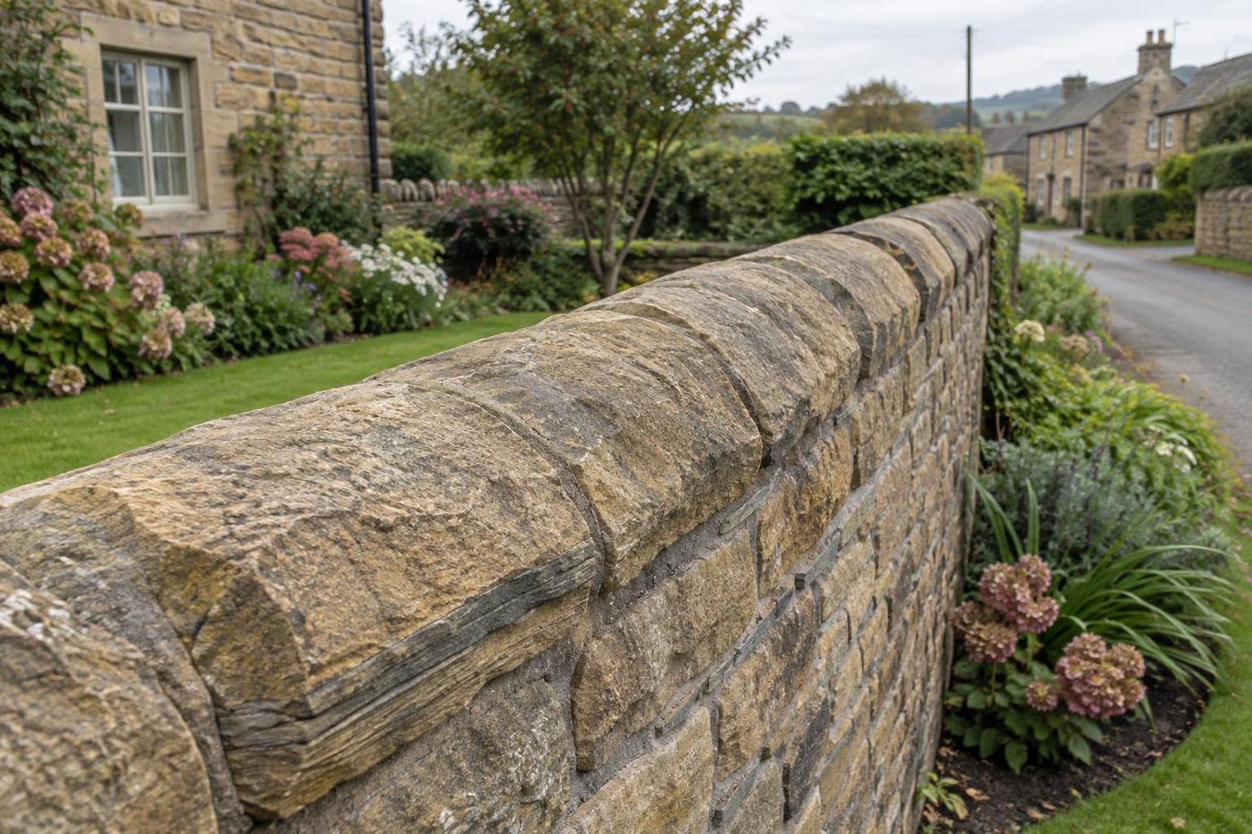 Close view along the top of a buff sandstone garden wall finished with half-round copes, mortared joints, soft light.