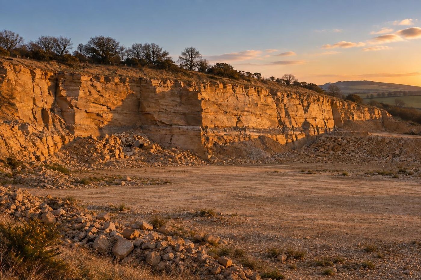 A sandstone quarry face lit warm orange by the last evening sun, long shadows across the beds, trees in silhouette along the top, a bare level floor with a few loose blocks.