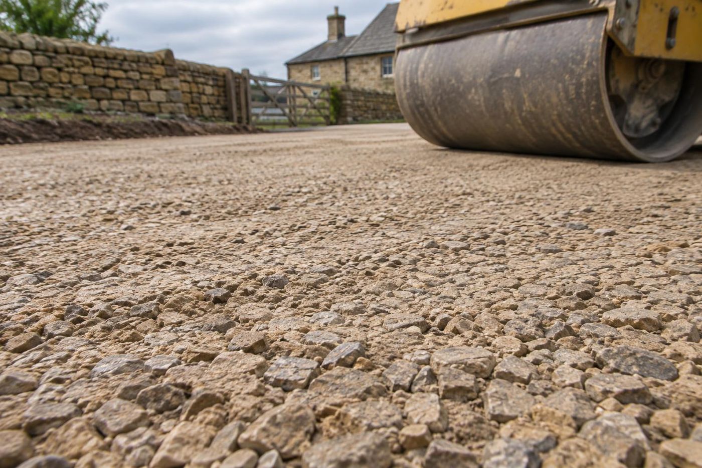 Close low-angle view of a compacted crushed sandstone sub-base surface, tight and flat, a roller drum edge in frame.
