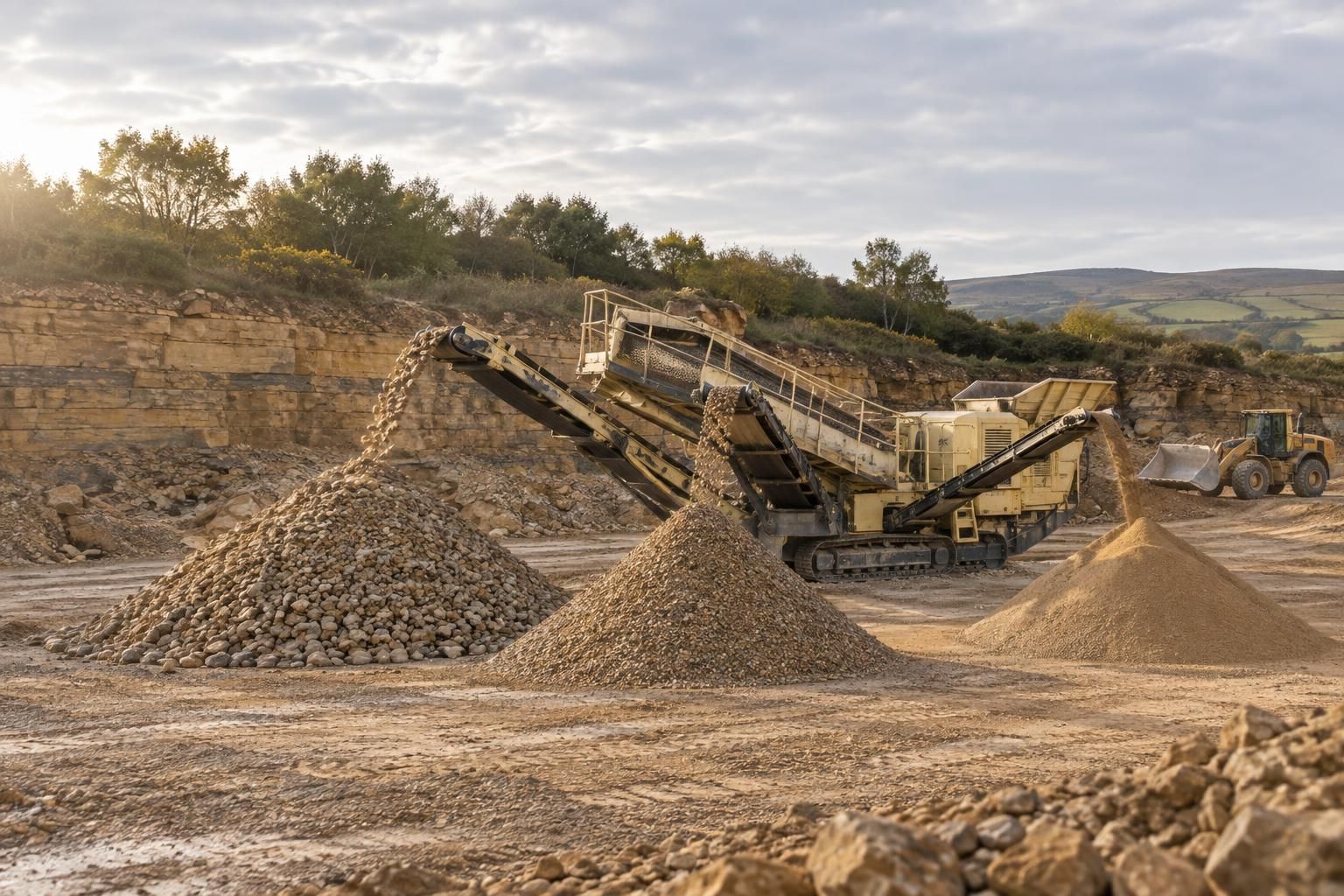 A tracked mobile screener on a sandstone quarry floor with three conveyors each dropping a different size of crushed buff sandstone onto its own conical stockpile, a fine haze of damp dust, side-lit by low morning sun, wooded bank behind.
