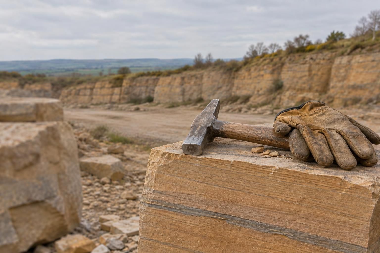 A walling hammer and worn leather gloves resting on a freshly split buff sandstone block with fine bedding lines, the quarry floor and a low face softly out of focus behind, overcast light.