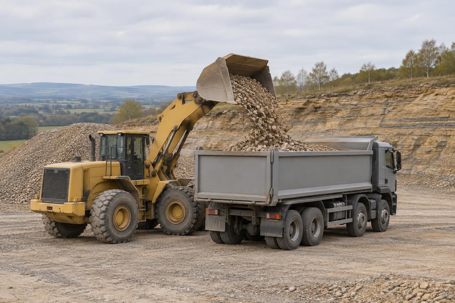 A wheeled loading shovel tipping a full bucket of crushed buff sandstone into the back of a plain grey tipper lorry on a clean quarry floor, the stone mid-fall, soft morning light.