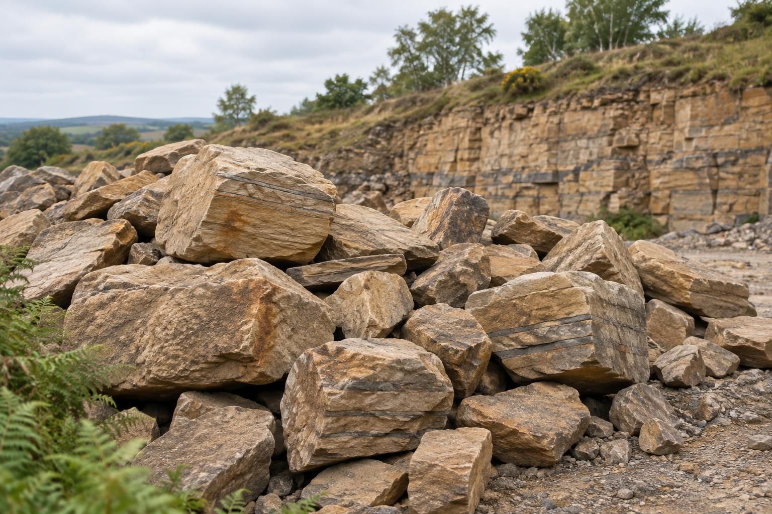 A loose heap of hand-sized and barrow-sized buff and grey-brown sandstone rockery pieces on a quarry floor, weathered rounded edges, visible bedding lines, some with a rusty iron stain, a few fern fronds at the edge of frame, soft overcast light, shallow depth of field.