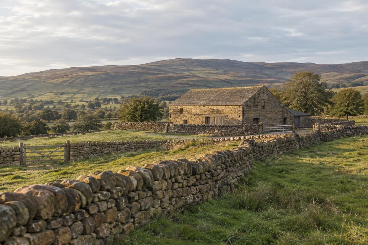 A long drystone wall of buff sandstone climbing a green hillside field in golden afternoon light, a stone field barn in the middle distance, fells behind, broad open sky.