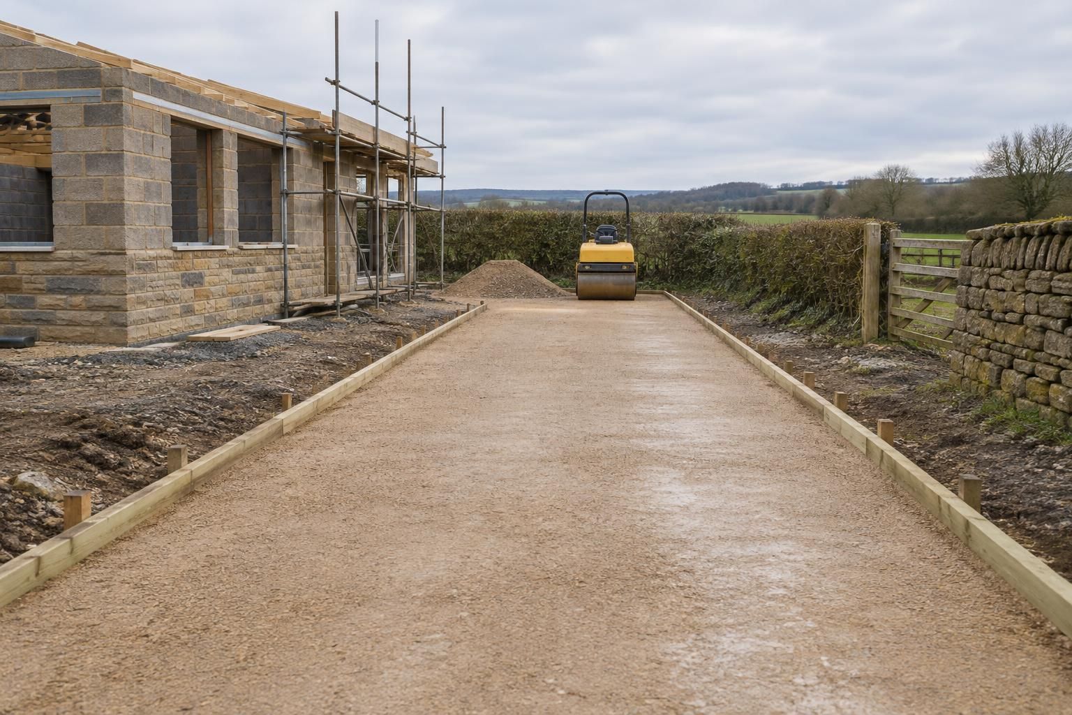 A freshly rolled layer of crushed buff sandstone sub-base forming a new driveway beside a half-built single-storey house in North West England, a small vibrating roller parked at the end, timber edge boards, clean flat surface catching soft light.