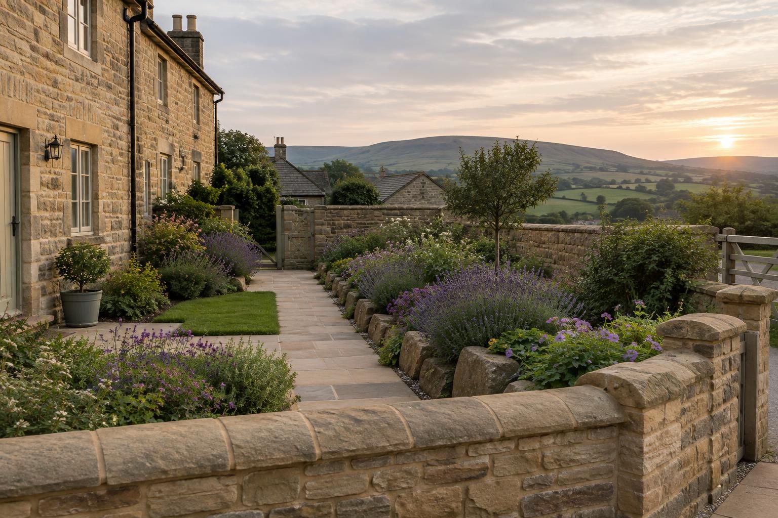 A cottage garden in a Lancashire stone village: a new buff sandstone garden wall with copes, a sandstone-flag path bedded neatly, rockery stone along a planted border, low summer evening light.
