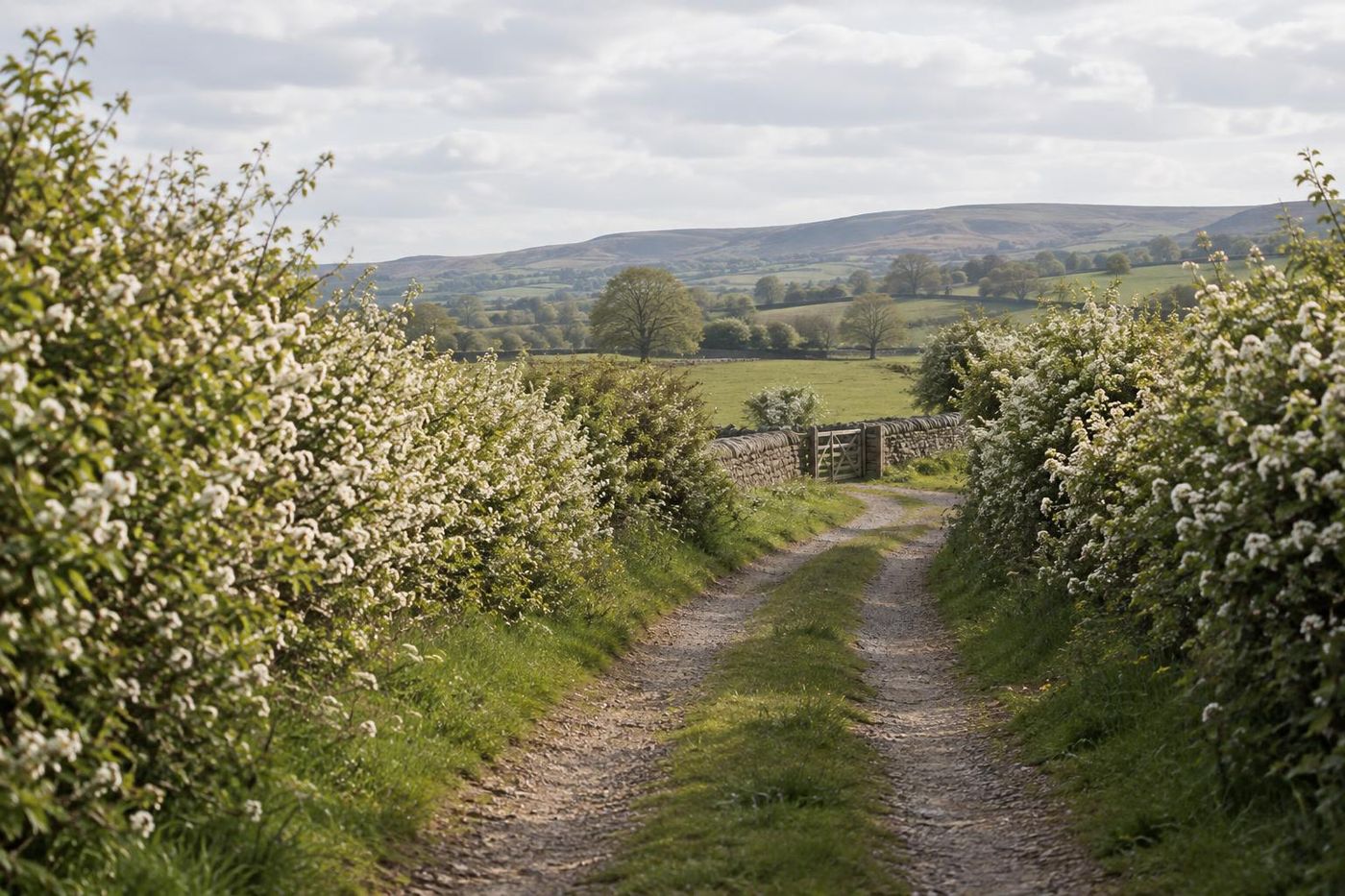 A quiet country track between tall hawthorn hedgerows in spring blossom, grass centre strip, soft morning light.