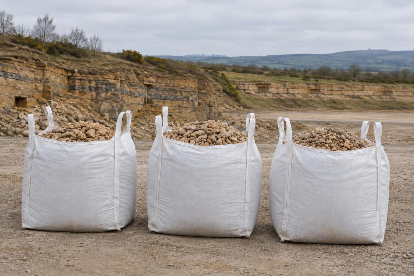 Three plain white bulk bags filled with crushed buff sandstone standing on a quarry floor, lifting loops up, a low sandstone face and trees behind.