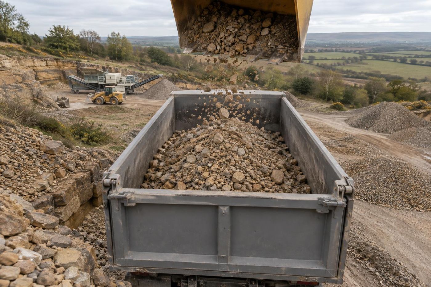 A plain grey tipper lorry seen from behind and above, its body half-full of crushed sandstone sub-base as the next bucket arrives.