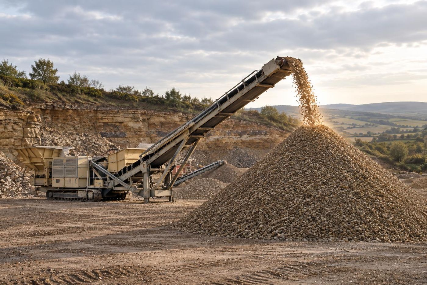 A single stockpile conveyor dropping fine chippings of buff sandstone onto the peak of a tall conical heap, stream of stone backlit by low sun.