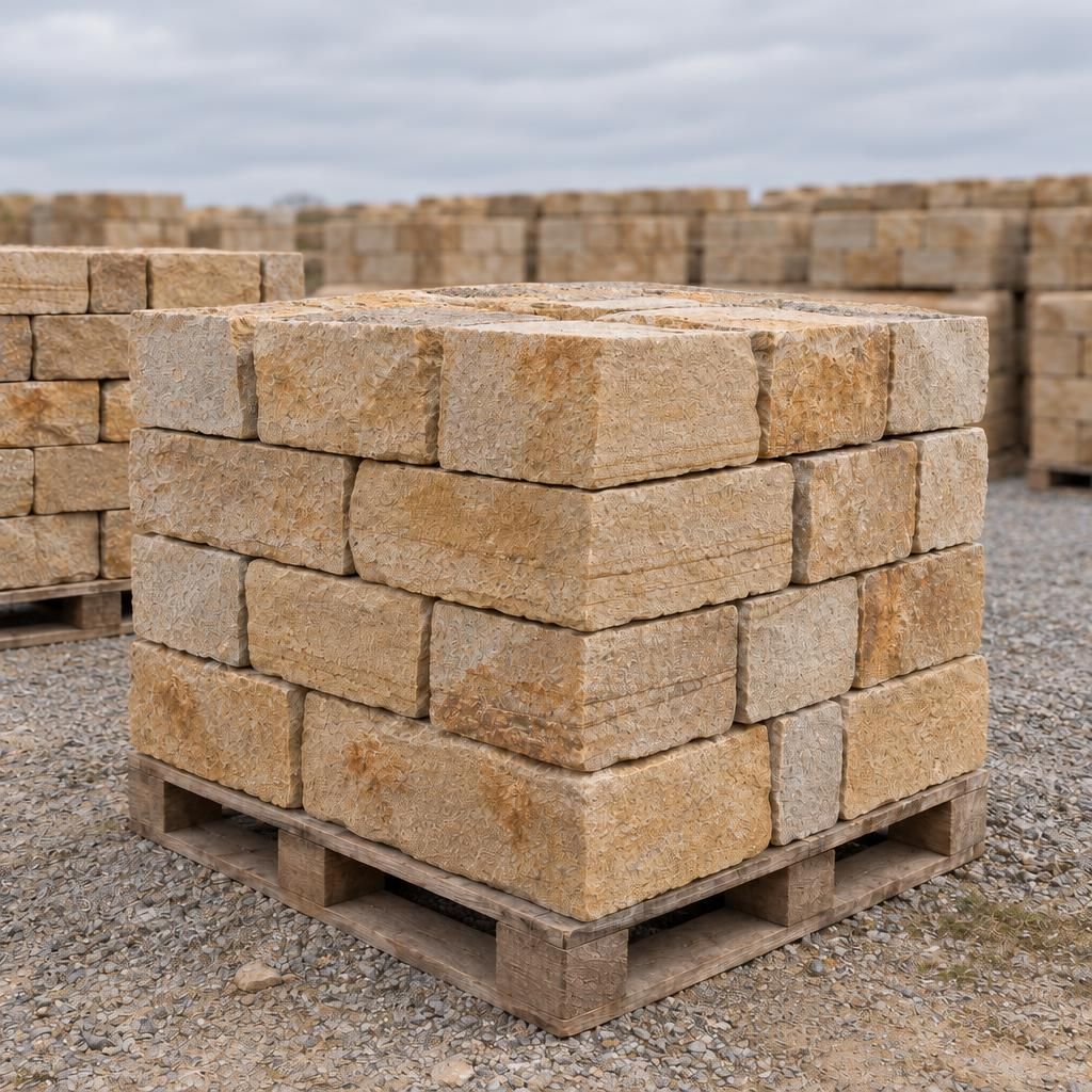 Roughly squared buff sandstone building stones stacked in neat courses on a pallet, pitched faces, more pallets softly behind.