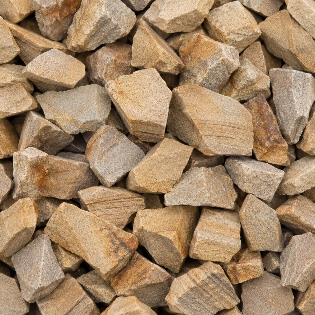 Close-up of clean crushed buff and honey sandstone in thumb-sized angular pieces, fine sand grain and faint lamination visible, a little iron staining, no fines.