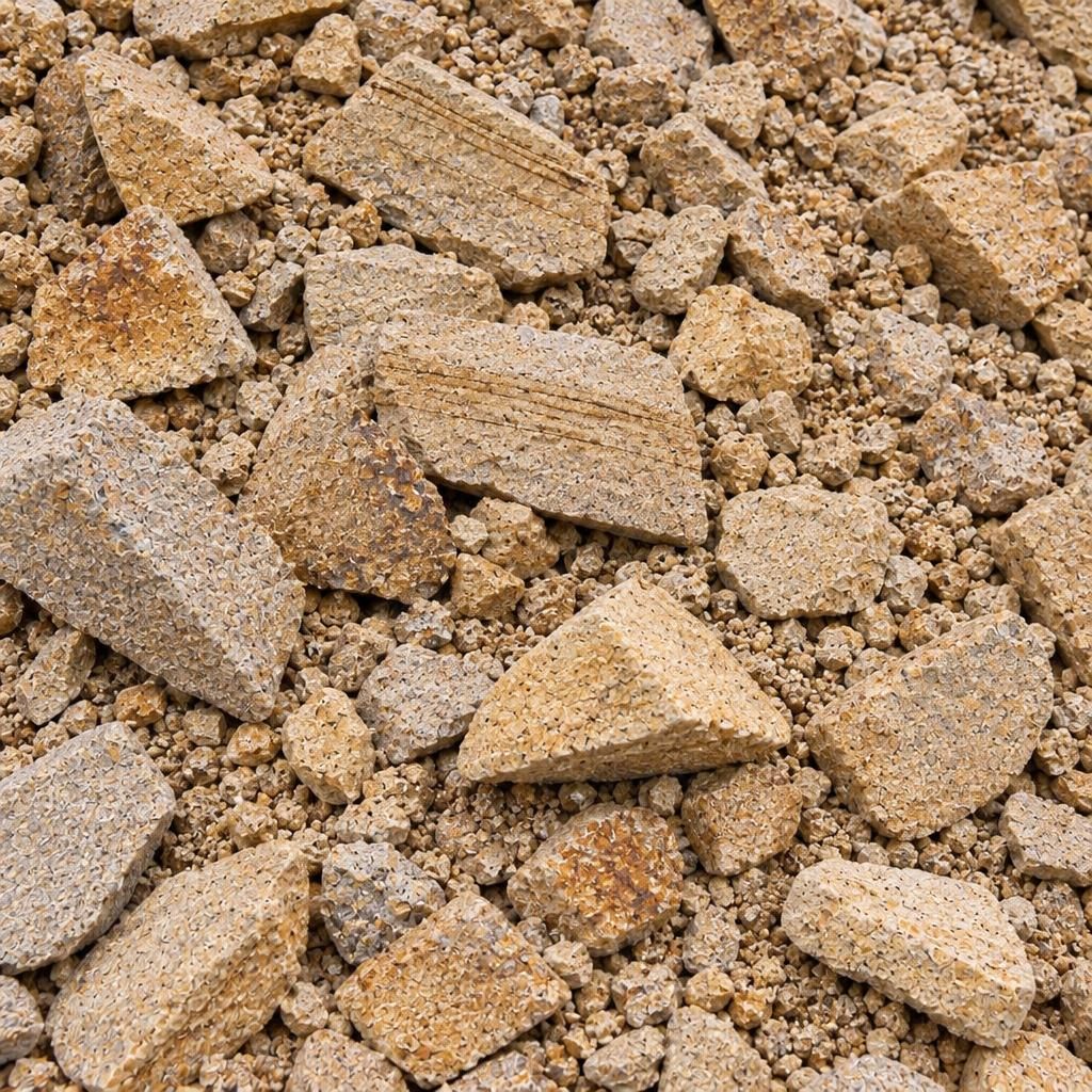Close-up of crushed buff sandstone sub-base with a full mix of sizes from dust to coarse angular pieces, fines packed between the stones.