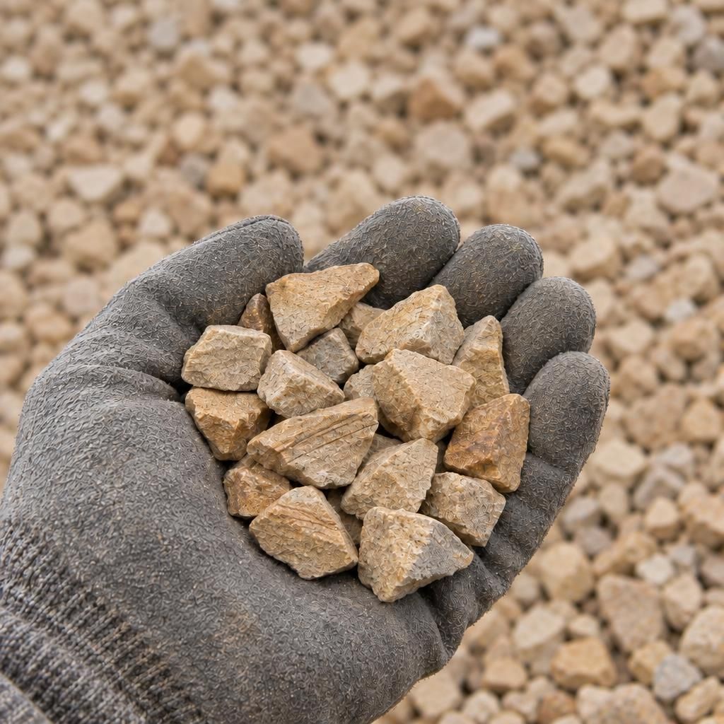 A small handful of fingertip-sized buff sandstone chippings in a grey-gloved palm over a blurred bed of the same chippings.