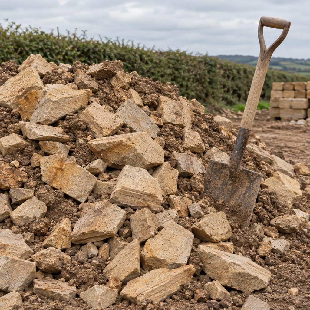 A heap of unsorted broken buff sandstone and brown earth on a building plot, a spade stuck in it, hedge behind.