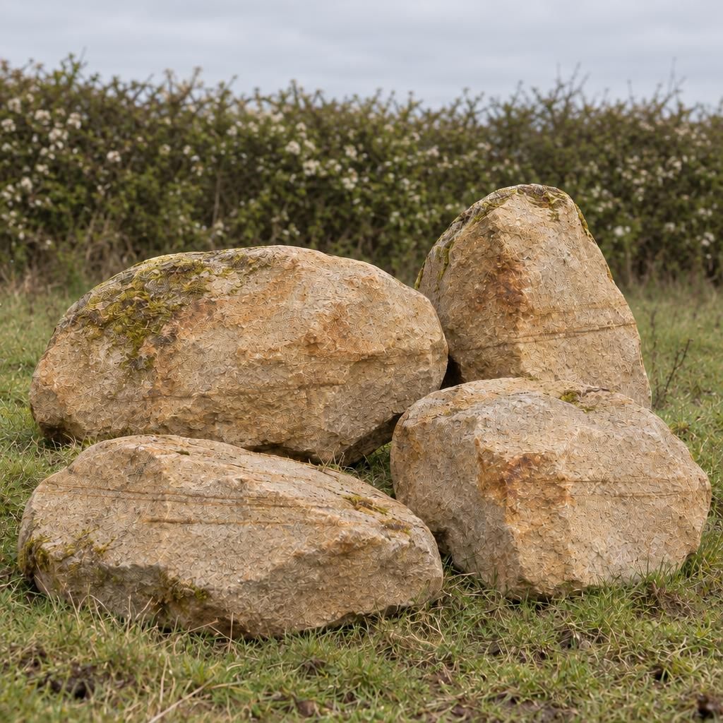 Four weathered buff sandstone rockery pieces on rough grass, rounded edges, bedding lines, iron staining and a little moss, hedge softly behind.