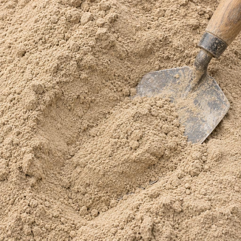 A shallow heap of fine pale buff sandstone dust, powdery and even, a steel hand trowel pushed into it, Lancashire buff sandstone, even overcast light, sharp detail.