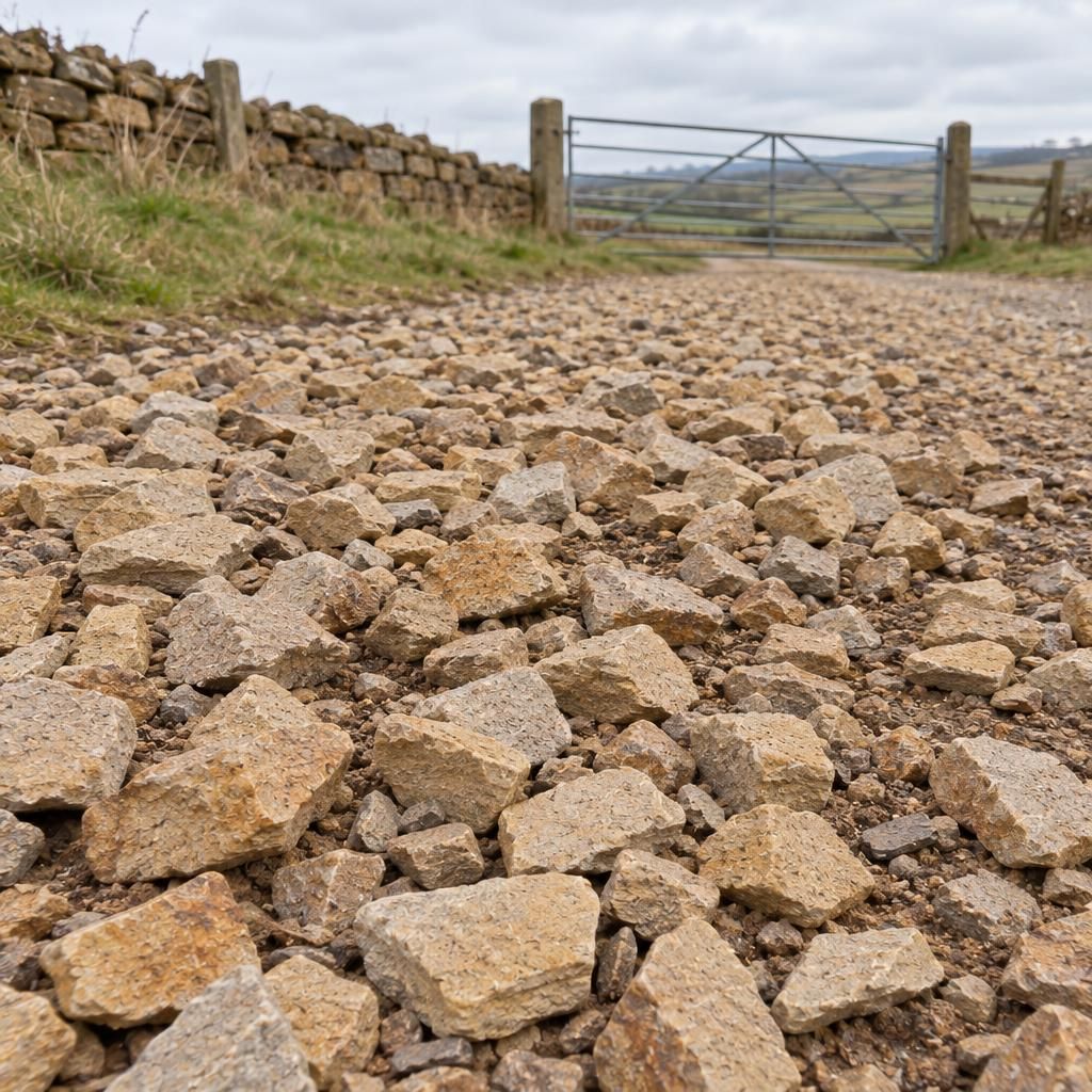 Coarse buff sandstone scalpings spread as a rough layer along a farm track, seen low along the surface, a field gate soft behind.