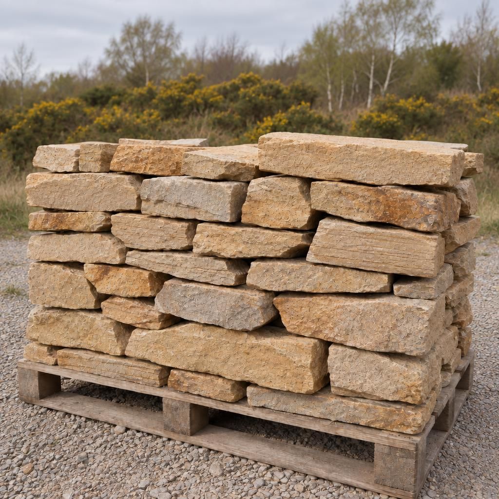 Random buff sandstone walling stones stacked on a pallet, flat beds and natural split faces, gorse and birch scrub softly behind.