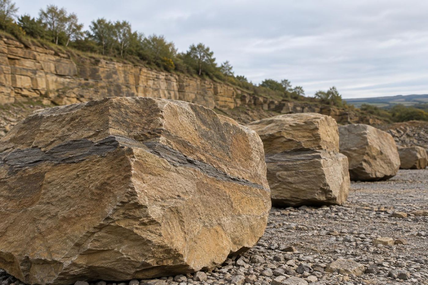 Several large rounded and angular sandstone boulders stood apart on a gravel floor, seen close from a low angle, one in sharp focus, others soft behind.