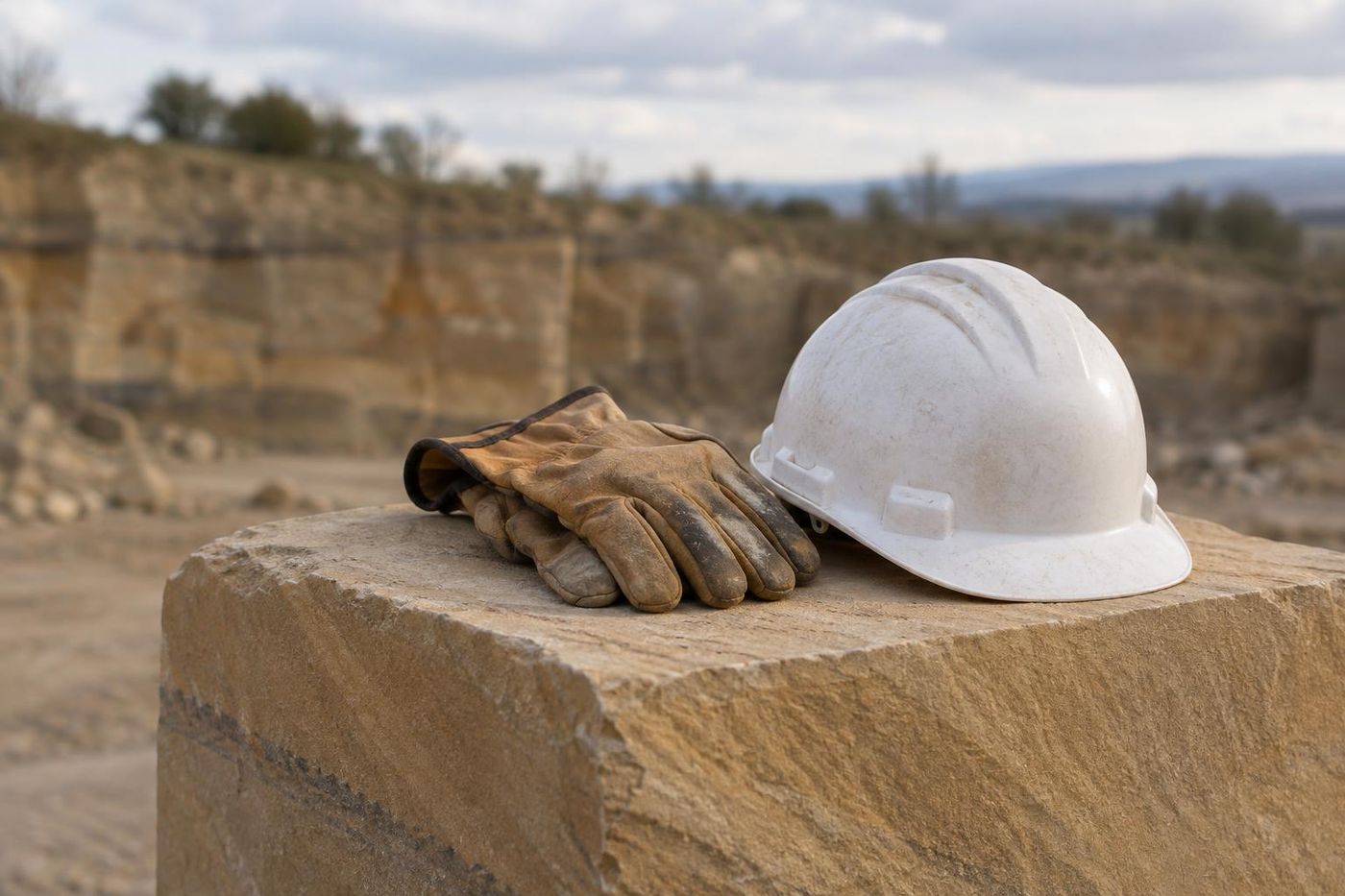 Worn work gloves and a hard hat resting on a squared sandstone block on a quarry floor on the hat.
