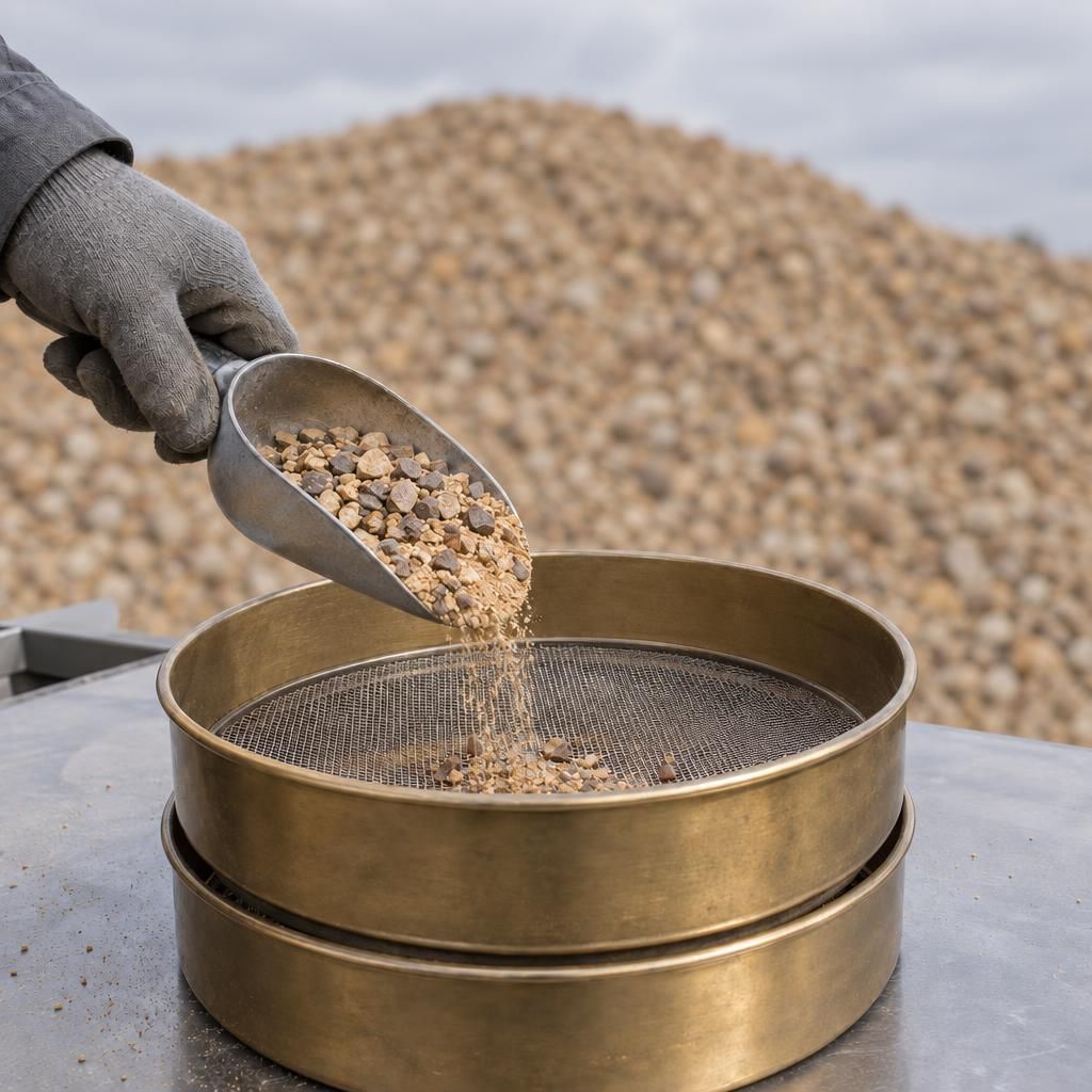 A gloved hand tipping a scoop of crushed buff sandstone into a brass test sieve, fines falling through, a softly blurred stockpile behind.