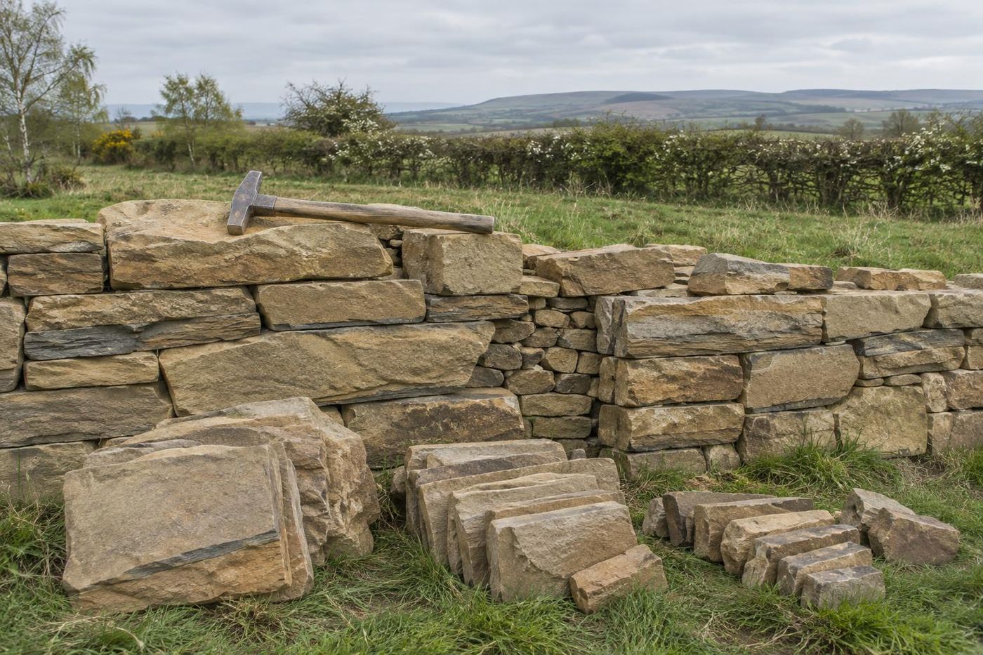 A waller's hammer resting on a drystone wall under construction, sandstone pieces sorted on the grass below.