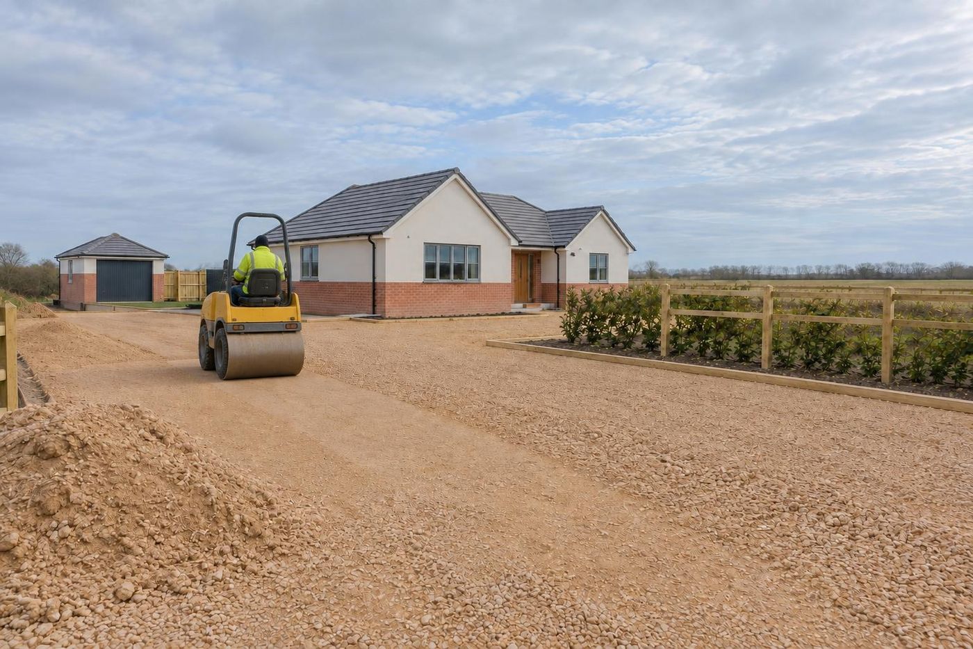A small ride-on roller compacting a crushed sandstone sub-base layer on the same flat plot.