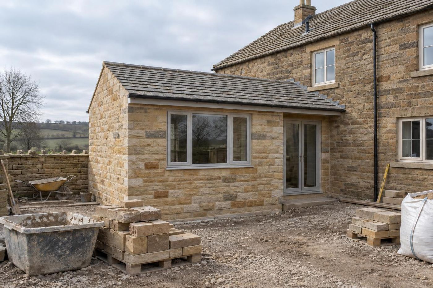A single-storey rear extension in squared buff sandstone against an older two-storey sandstone house, heavy buff-grey stone-slate roofs, a small back yard with stone on pallets.