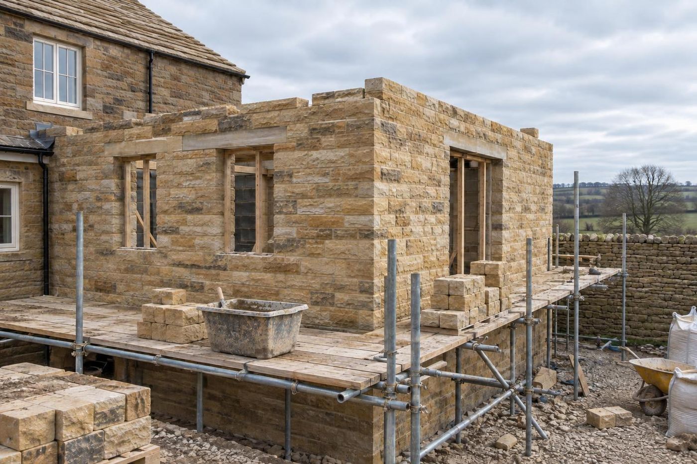 The same extension walls going up in courses, scaffold boards and mortar tub, new stone lined up with the older house, heavy buff-grey stone-slate roof on the house.