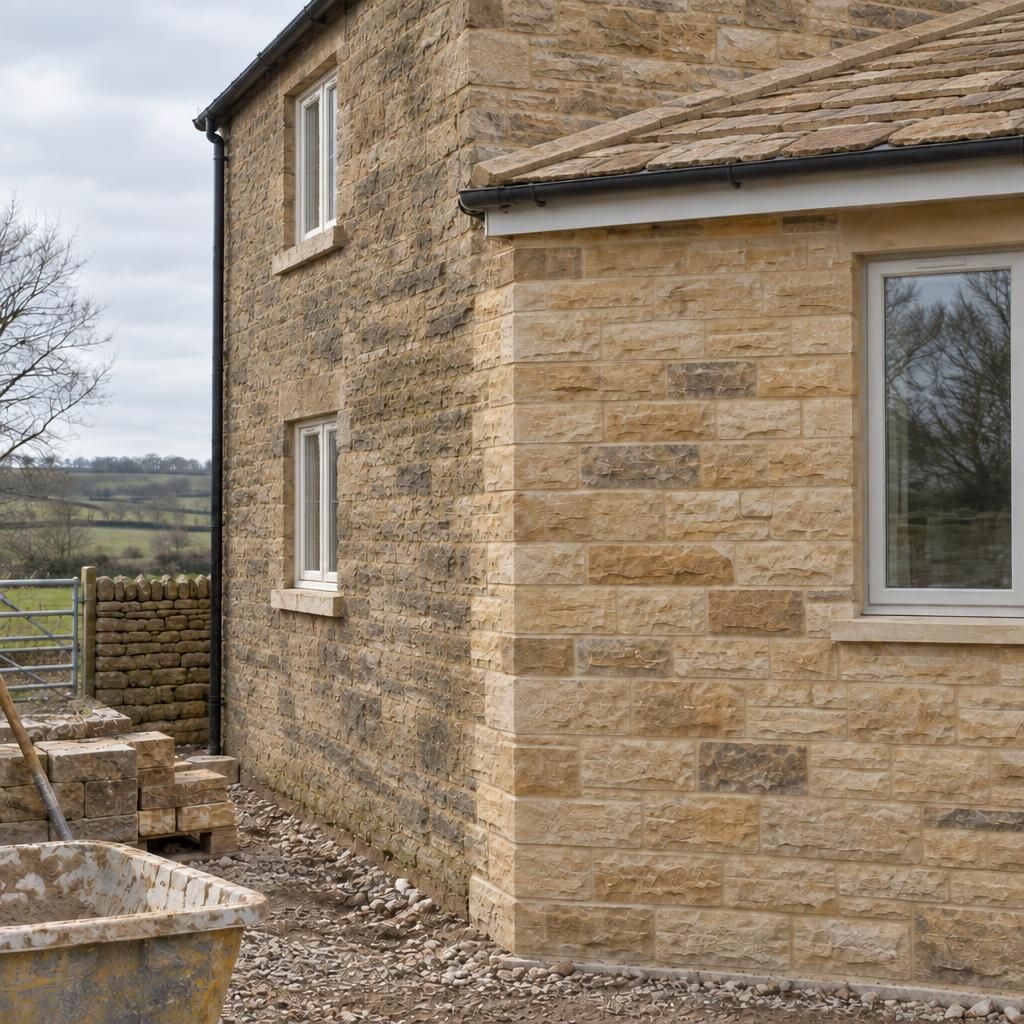 Close view of the corner where the older weathered sandstone house meets the new squared stone of the extension, coursing lined up, heavy buff-grey stone-slate roof.