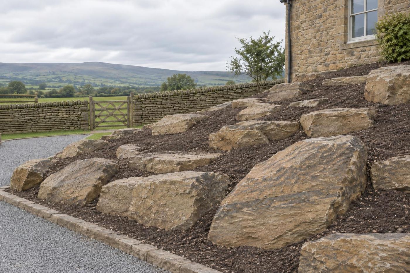 The same bank before planting: rockery stones set into bare soil, tilted back into the slope.