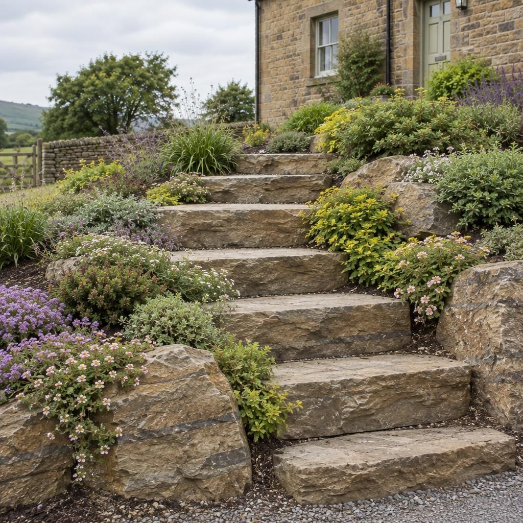 Close view of split sandstone stepping stones rising through the planting on the same bank.