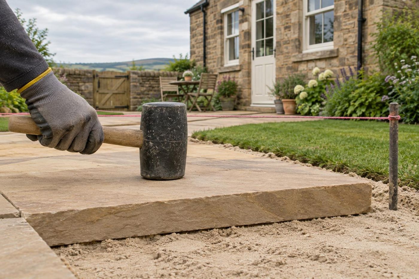A sandstone flag being bedded on pale sandstone dust in the same garden, rubber mallet and string line.