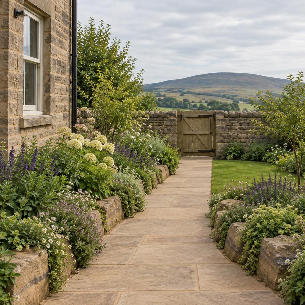 The same path edged with rockery stone, planting spilling over, flags jointed in matching colour.