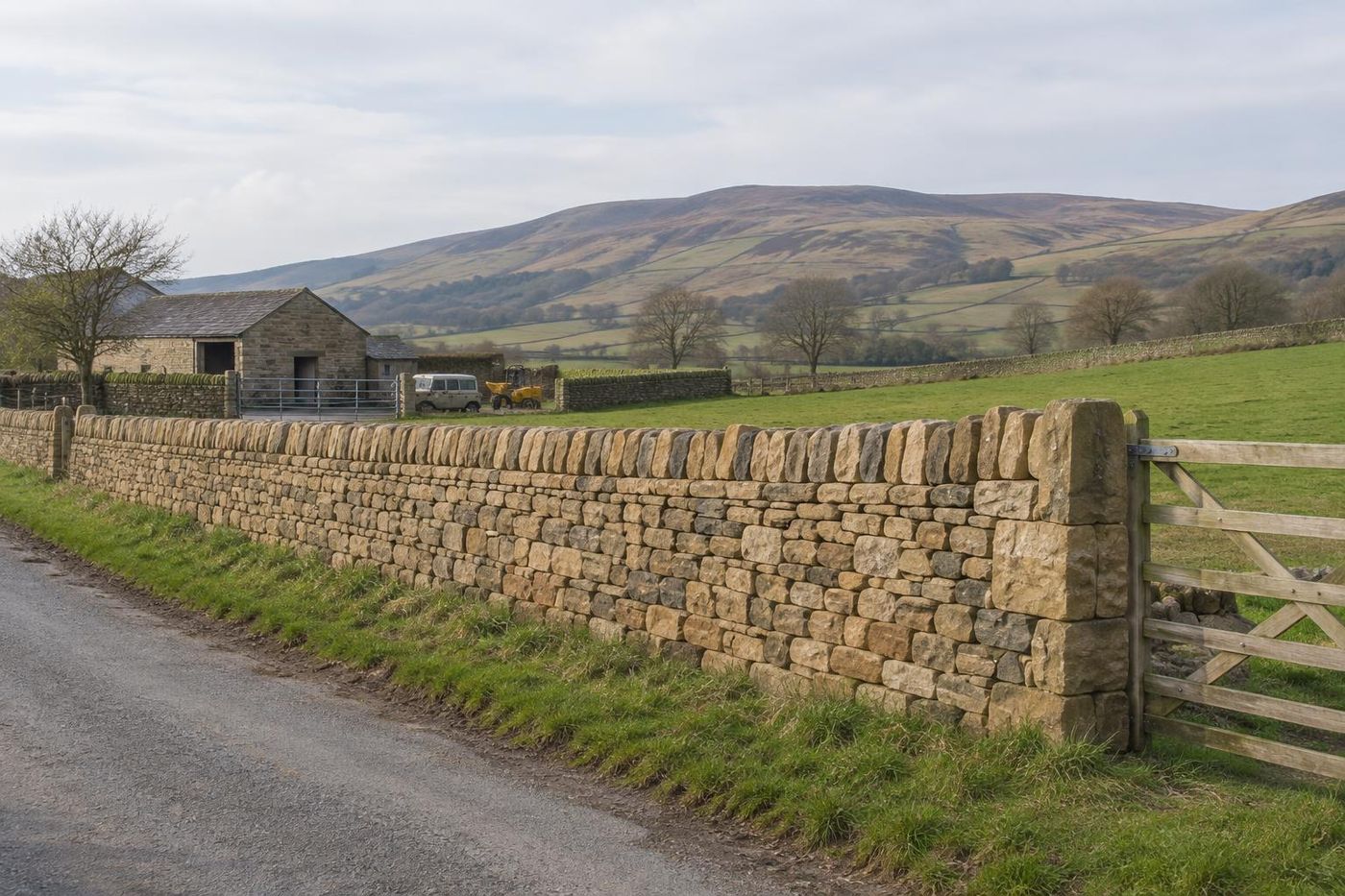 A newly rebuilt double drystone wall of buff sandstone with upright copes along a green pasture edge beside a farm lane, fells behind, soft afternoon light.