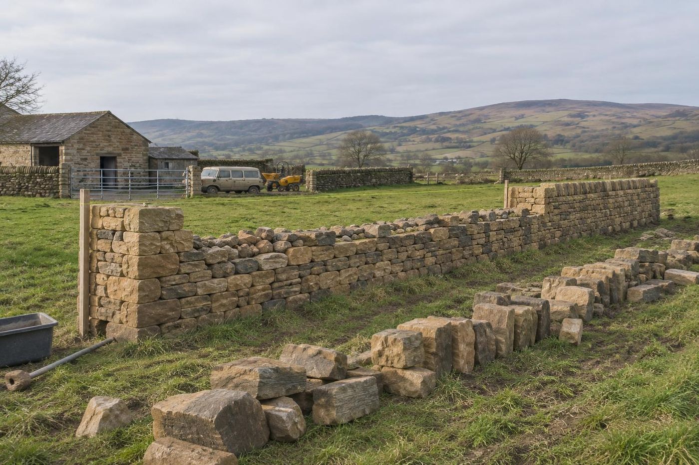 The same wall half-built: two faces rising with hearting between, sorted walling stone laid out along the line on the grass, string lines.
