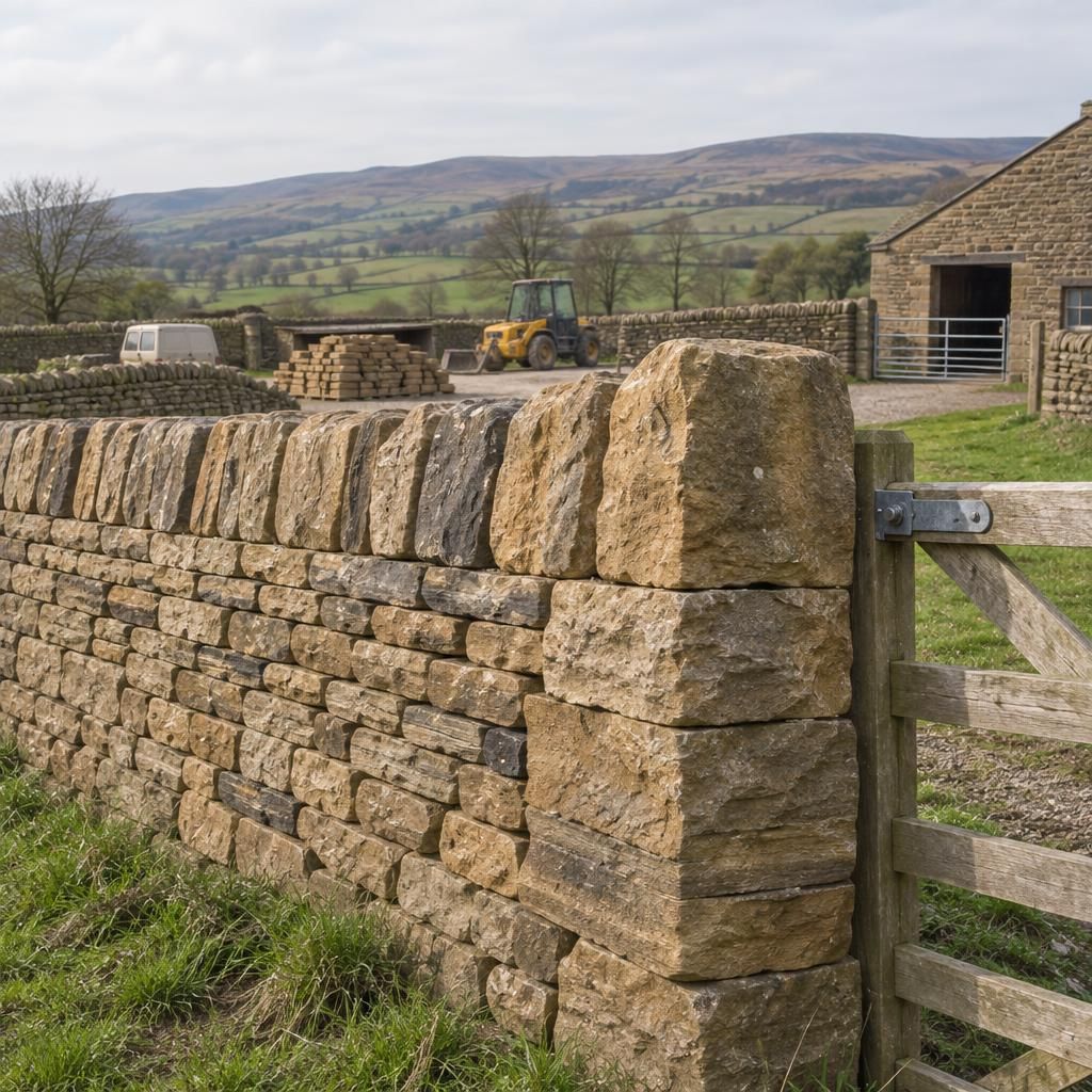 Close view of the same wall top: upright copes and a through-stone end visible in the face, buff sandstone with fresh faces.