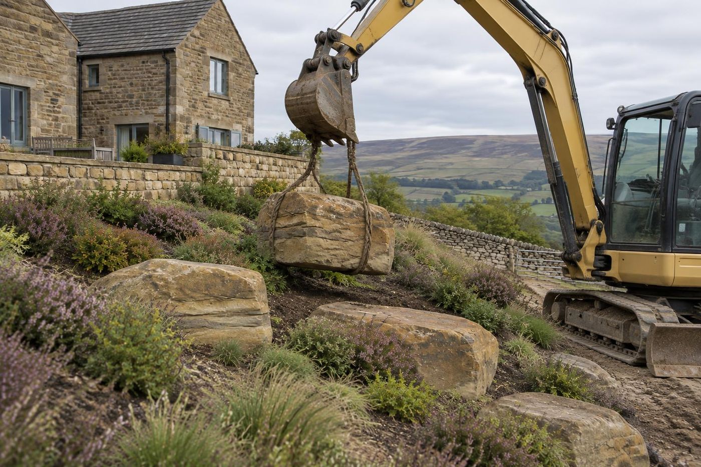 A small excavator lowering one sandstone boulder into place on the same bank.