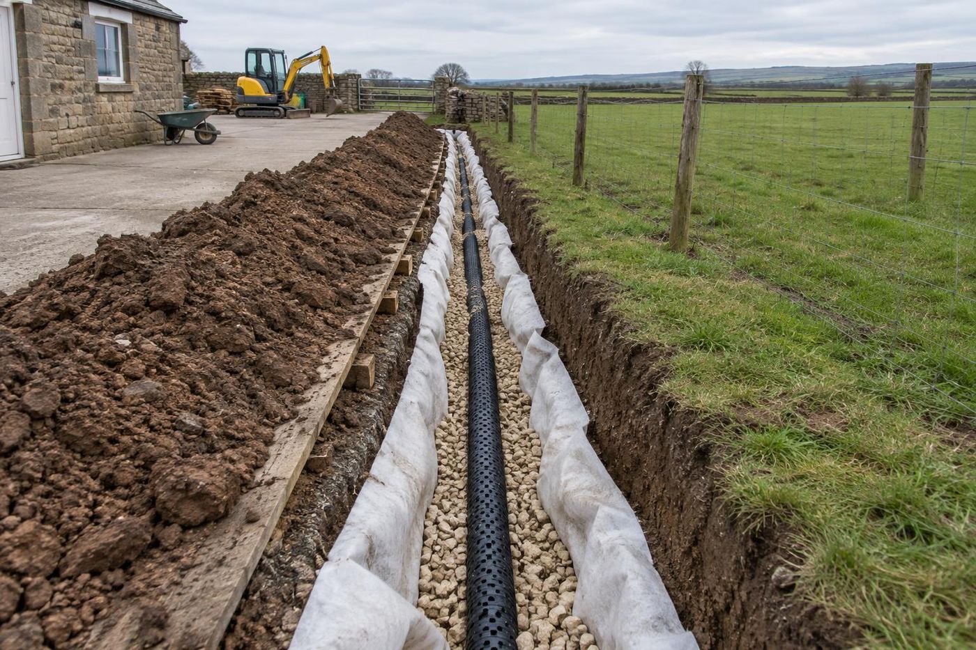 A narrow trench beside a smallholding yard with a perforated drain pipe bedded in clean crushed sandstone, flat green paddocks beyond.