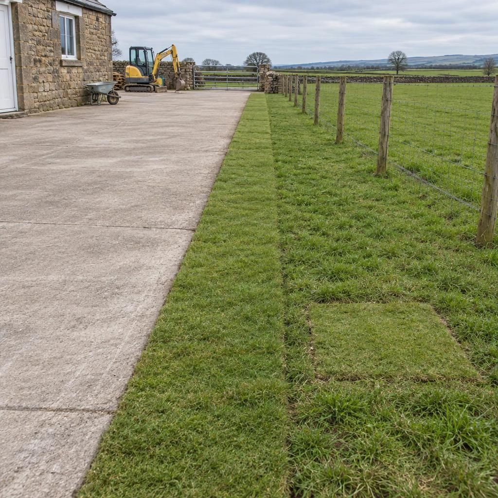 The same yard edge finished: turf restored over the drain line, a dry concrete yard beside it.